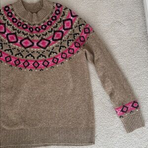 LOFT Crewneck Sweater with Pink & Gray Fair Isle Yoke